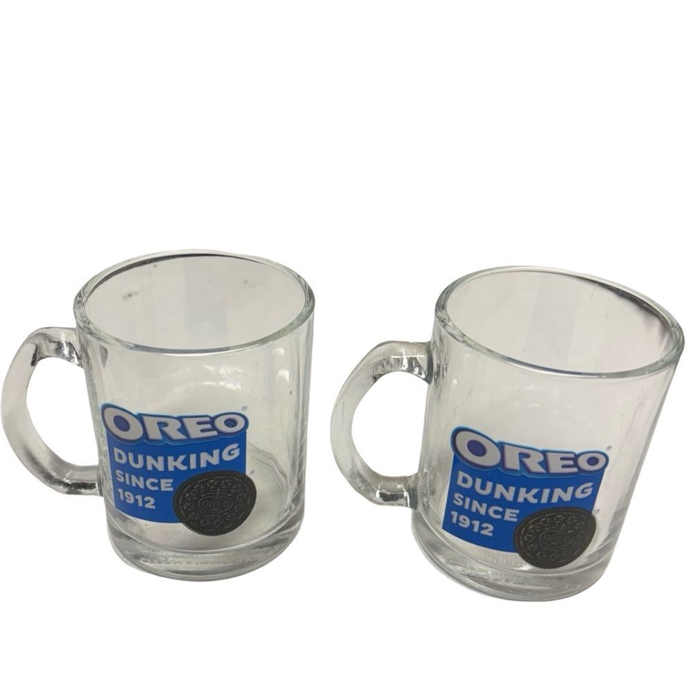 Two Clear Glass Oreo Cookie Graphic Dunking Mugs Cups
